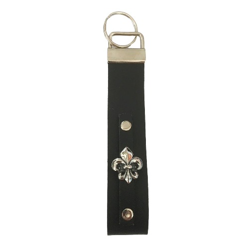 Schwarzer LEDER Schlüsselanhänger Schlüsselband mit silberner Fleur de Lis