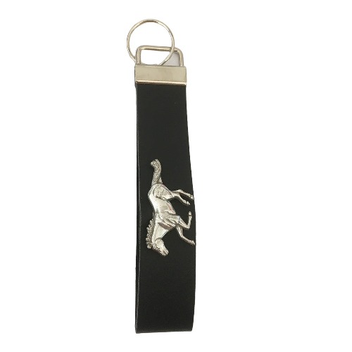 Schwarzer LEDER Schlüsselanhänger Schlüsselband mit silbernen laufendem Pferd