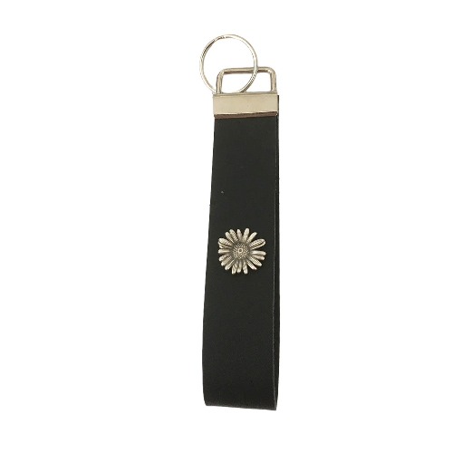 Schwarzer LEDER Schlüsselanhänger Schlüsselband mit silbernem Gänseblümchen