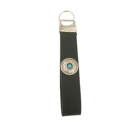Schwarzer LEDER Schlüsselanhänger mit silbernen runden Concho und Türkis